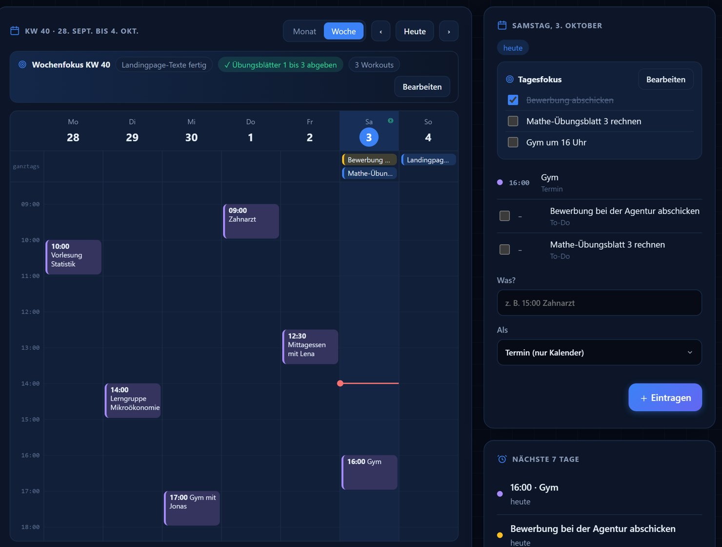 Smalox Hub: Wochenkalender mit Zeitraster, Wochenfokus und Tagesfokus
