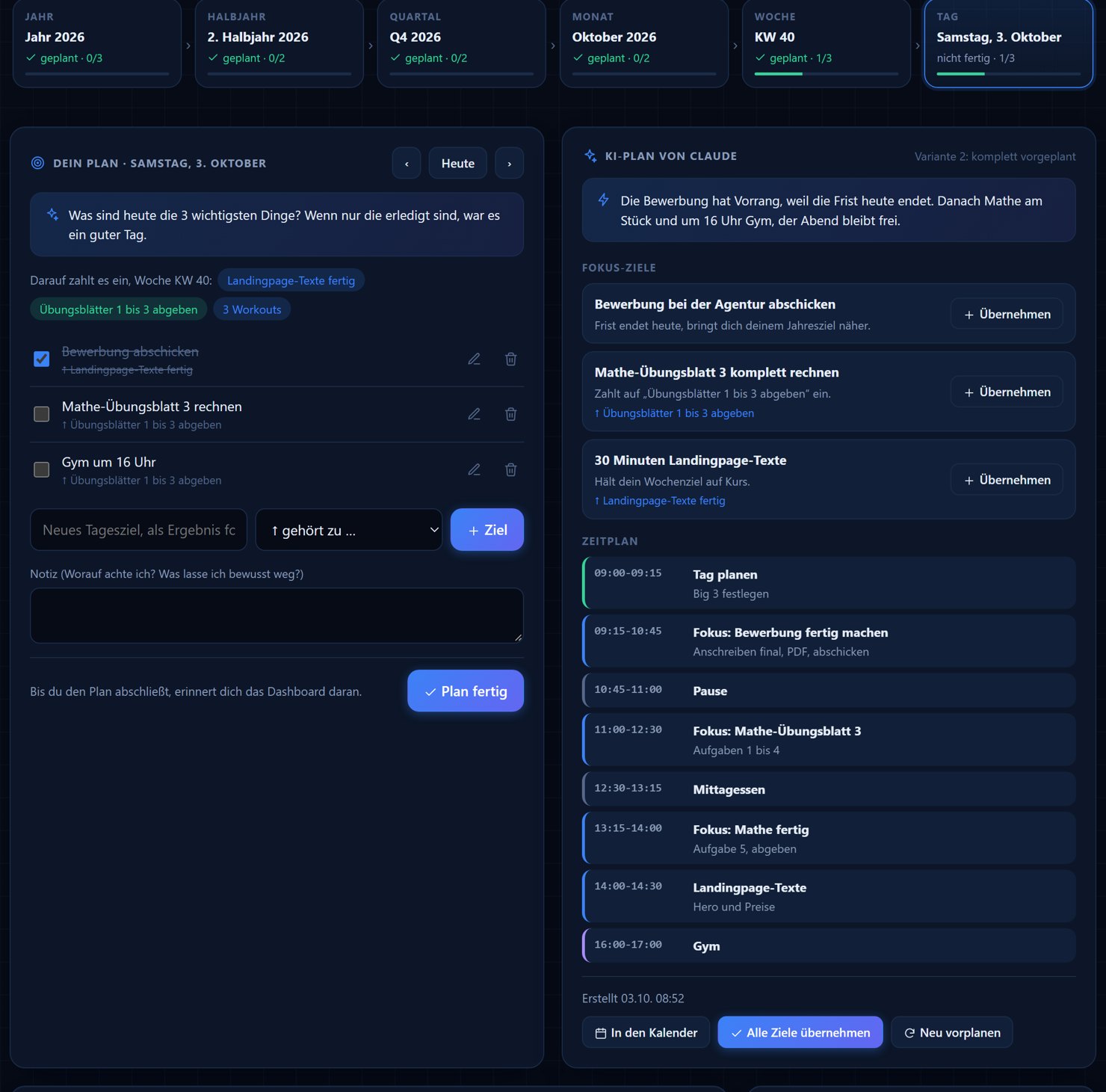 Smalox Hub: Seite Planung, links der eigene Tagesplan, rechts der KI-Plan mit Fokus-Zielen und Zeitplan